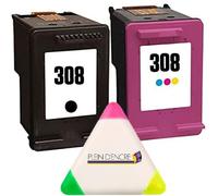Pack 2 Cartouches d'encre Noir et Couleur N° 308 pour imprimante HP Deskjet 4310 4320 4322 4330 + Un surligneur Plein d'encre 3 Couleurs Offert