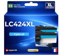 Pack 2 Cartouches Encre LC424C LC424 C Compatible pour Brother DCP J1200W Cyan Haute capacité avec Puce 750 Pages