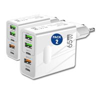Pack 2 Chargeur USB 65W - 5 Ports Prise USB C - 2 USB-C + 3 USB-A - Charge Rapide QC 3.0 - Adaptateur Secteur Haute Puissance Compatible iPhone + Samsung + Xiaomi - Couleur Blanc | 3-Stars
