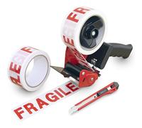 Pack 2 Rubans Emballage Tesa Fragile 66m X 50mm + 1 Dévidoir + 1 Cutter
