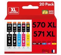 Pack 20 Cartouche Encre CLI-571XL CLI 571XL Compatible pour Canon Pixma MG5750 MG5751 MG5752 MG6850 MG6851 MG7750 TS5050 TS6050 TS8050 TS9050 Noir Cyan Magenta Jaune avec Puce