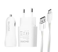 Pack 3 en 1 Chargeur secteur 2.1A Chargeur Voiture 2.1A et Câble Micro-USB Blanc