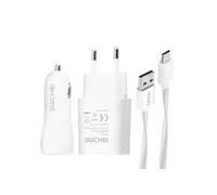 Pack 3 en 1 Chargeur secteur 2.1A Chargeur Voiture 2.1A et Câble Micro-USB Blanc