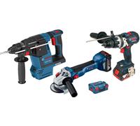 Bosch - Pack de 3 outils 18V (GSR110/GBH26/GWS10) + 2 batteries 5 Ah + chargeur + coffret L-BOXX - Gris