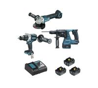 Lot 3 outils 18V - perceuse visseuse DDF486 + perfo-burineur DHR243 + disqueuse DGA506 - MAKITA - avec 3 batteries 18V 5.0Ah - chargeur - MakPac - DLX3157TJ