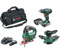 Pack 3 outils 18V sans fil BOSCH perceuse-visseuse PSR 1800 LI-2 2 batteries 2,5Ah + scie sauteuse PST + Ponceuse Excentrique