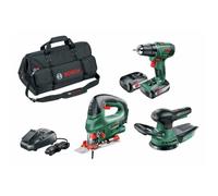 Pack 3 outils 18V sans fil BOSCH perceuse-visseuse PSR 1800 LI-2 2 batteries 2,5Ah + scie sauteuse PST + Ponceuse Excentrique