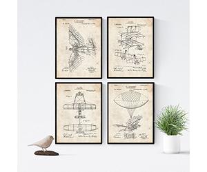 Pack 4 Feuilles Brevets Aviation - Set Affiches avec Inventions Anciennes - Machines Volantes Format A4 sans cadre.