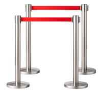 Pack 4 Poteaux Guide-File Télescopiques - Hauteur 90 cm - Sangle Rouge 2 m Intégrée - Tête Multidirectionnelle - Base Lourde Antidérapante - Finition Argentée