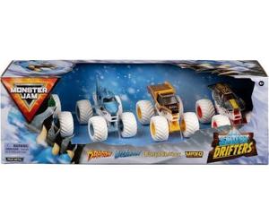 Pack 4 vehicules Snow Drifters pour Monster Jam Show - Dragon, Megalodon, Earth Shaker, Max-d - Metal, 1:64 - Set Trucks et Carte Tigre