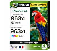 Pack 5 Cartouche 963XL BK C M Y Compatible pour HP 9010 9010e 9012 9022e 9025 9025e Noir Cyan Magenta Jaune Haute capacité avec Puce Rendement 2000 1600 Pages Puce résistante à la Remise à Niveau