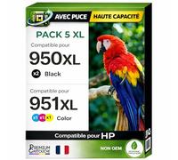 Pack 5 Cartouche Encre 951XL Compatible pour HP 251DW 276DW 8100 8600 8600 8610 8615 8616 8620 8625 8630 8640 8660 Noir Cyan Magenta Jaune Haute capacité avec Puce 26 ML