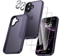 Pack 5-En-1 Coque Iphone 16 ¿ Coque Violet Mat + 2 Verres Trempés 9h + 2 Protèges Caméra, Protection 360° Antichoc Niveau Militaire, Anti-Jaunissement, Slim