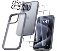 Pack 5-En-1 Pour Iphone 15 Pro Max ¿ Coque Antichoc Transparente (Anti-Jaunissement) + 2 Verres Trempés 9h + 2 Protections Caméra, Protection 360° Slim ¿ Gris