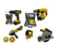 Pack 5 outils Visseuse, Marteau Perforateur, Scie Sauteuse, Scie Circulaire, Meuleuse d'Angle NEMURA 20V + 3 batteries + Chargeur