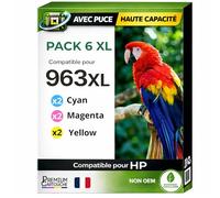Pack 6 Cartouche 963XL C M Y Compatible pour HP 9010 9010e 9012 9025 9025e Cyan Magenta Jaune Haute capacité avec Puce Rendement 1600 Pages Puce résistante à la Remise à Niveau