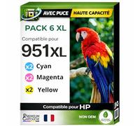 Pack 6 Cartouche Encre 951XLcompatible pour HP 251DW 276DW 8100 8600 8600 8610 8615 8616 8620 8625 8630 8640 8660 Cyan Magenta Jaune Haute capacité avec Puce 26 ML