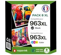 Pack 8 Cartouche 963XL 3JA30AE 3JA27AE 3JA28AE 3JA29AE Compatible pour HP 9010 9025e Noir Cyan Magenta Jaune Haute capacité avec Puce Rendement 2000 1600 Pages Puce résistante à la Remise à Niveau