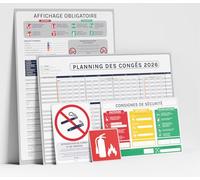Pack Affichage obligatoire entreprise 2026 - Kit Complet RH & Conformité - 5 Éléments : Panneau Code du Travail A3, Planning des Congés Effaçable, Sécurité Incendie, Interdiction Fumer/Vapoter