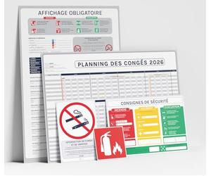 Pack Affichage obligatoire entreprise 2026 - Kit Complet RH & Conformité - 5 Éléments : Panneau Code du Travail A3, Planning des Congés Effaçable, Sécurité Incendie, Interdiction Fumer/Vapoter