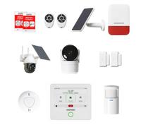 Pack Alarme Maison Connectée Touch Ultra - Caméra Extérieure Solaire Rotative, Caméra Intérieure HD, Sirène Solaire et Détecteur de Fumée - Alexa & Google Home