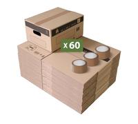 Pack and Move - Lot 60 cartons déménagement stockage S - 36 x 28 x 18 cm - Poignées renforcées - 3 adhésifs offerts