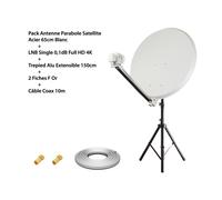 Pack Antenne Parabole Satellite Acier 65cm Blanc HD4K + LNB Single 0,1dB Full HD 4K + Trépied Alu Extensible 150cm + 2 Fiches F Or + Câble Coax 10m