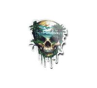 PACK AUTOCOLLANTS STICKERS Crâne Île Tropicale Tête de Mort Jungle Océan Résistant Eau & Uv Tête de Mort Palmier Voyage Island Pirate Pour Ordinateur Bouteille et Voiture Déco exterieur 9cm