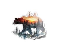 PACK AUTOCOLLANTS STICKERS Ours & Forêt Illustration Aquarelle Animal Animaux Sauvages Sunset Soleil Résistant Eau et Uv Voyage Aventure Pour Ordinateur Bouteille et Voiture Déco exterieur 8cm