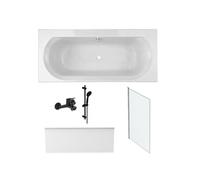 Pack baignoire 180 x 80 Elise + tablier niche + pommeau et mitigeur bain noir Aimé + pare bain chromé + vidage