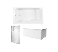 Pack baignoire bain douche 170 x 90 Malice gauche blanc mat + tablier en angle + pare bain + étagère