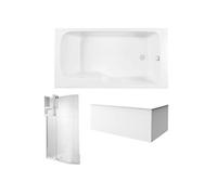 Pack baignoire bain douche 170 x 90 Malice version droite blanc mat + tablier en angle + pare bain + étagère
