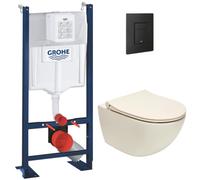 Pack Bâti-autoportant + WC sans bride Vitra Sento, Taupe mat + Abattant softclose + Plaque Noire mat, anti-empreintes