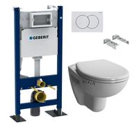 Pack Bati-support Geberit Autoportant Duofix + WC sans bride Vitra Normus SpinFlush+ Abattant softclose + Plaque blanche (Normus