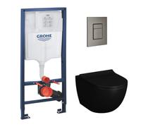 Pack Bati-support Grohe Rapid SL + plaque hard graphite brossé + WC suspendu SENTO +abattant noir mat (GROHE-sentonoir2)