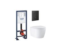 Pack bâti-support largeur réduite Rapid SL + Cuvette suspendue sans bride abattant StartRound + Plaque commande noir mat