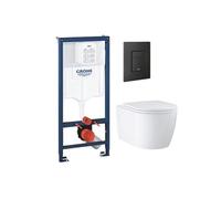 Pack bâti-support mur porteur Rapid SL + Cuvette suspendue sans bride abattant Start Round + Plaque commande noir mat