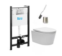 Pack Bâti-support Roca Active + WC sans bride et fixations invisibles + plaque chrome mat + brosse de toilette