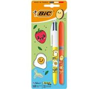 Pack BIC 1 stylo à bille rétractable à encre classique 4 couleurs Pointe moyenne et 1 Highlighter Grip Pointe biseautée Série Kawaii Multicolore