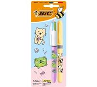 Pack BIC 1 stylo à bille rétractable à encre Fantaisie de Couleur 4 couleurs Pointe moyenne et 1 Highlighter Grip Pointe biseautée Série Kawaii Multicolore