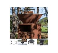 PACK PRINTEMPS Braséro plancha avec meuble range bois Le Classique DOUBLE CUVE en corten 80x90 Barbecue d'extérieur