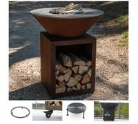 PACK PRINTEMPS Braséro plancha avec meuble range bois Le Classique en corten 80x90 Barbecue d'extérieur