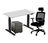 Pack Bureau assis-debout Activ'o - Réglage électrique en hauteur - L.140 x P.80 cm - Plateau Blanc avec obturateurs - Pieds Noir - Caisson Métal Blanc 3 tiroirs Universal - Fauteuil Ergonomique Malice