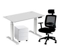 Pack Bureau assis-debout Activ'o - Réglage électrique en hauteur - L.140 x P.80 cm - Plateau Blanc avec obturateurs - Pieds Blanc - Caisson Métal Blanc 3 tiroirs Universal - Fauteuil Ergonomique Malic