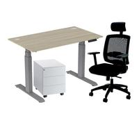 Pack Bureau assis-debout Activ'o - Réglage électrique en hauteur - L.140 x P.80 cm - Plateau Chêne avec obturateurs - Pieds Gris - Caisson Métal Blanc 3 tiroirs Universal - Fauteuil Ergonomique Malice