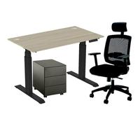 Pack Bureau assis-debout Activ'o - Réglage électrique en hauteur - L.140 x P.80 cm - Plateau Chêne avec obturateurs - Pieds Noir - Caisson Métal Noir 3 tiroirs Universal - Fauteuil Ergonomique Malice