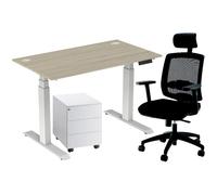 Pack Bureau assis-debout Activ'o - Réglage électrique en hauteur - L.140 x P.80 cm - Plateau Chêne avec obturateurs - Pieds Blanc - Caisson Métal Blanc 3 tiroirs Universal - Fauteuil Ergonomique Malic