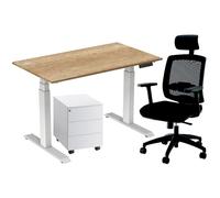 Pack Bureau assis-debout Activ'o - Réglage électrique en hauteur - L.140 x P.80 cm - Plateau Chêne Nebraska avec obturateurs - Pieds Blanc - Caisson Métal Blanc 3 tiroirs Universal - Fauteuil Ergonomi