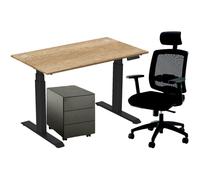 Pack Bureau assis-debout Activ'o - Réglage électrique en hauteur - L.140 x P.80 cm - Plateau Chêne Nebraska avec obturateurs - Pieds Noir - Caisson Métal Noir 3 tiroirs Universal - Fauteuil Ergonomiqu