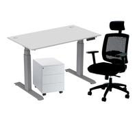 Pack Bureau assis-debout Activ'o - Réglage électrique en hauteur - L.160 x P.80 cm - Plateau Blanc avec obturateurs - Pieds gris - Caisson Métal Blanc 3 tiroirs Universal - Fauteuil Ergonomique Malice
